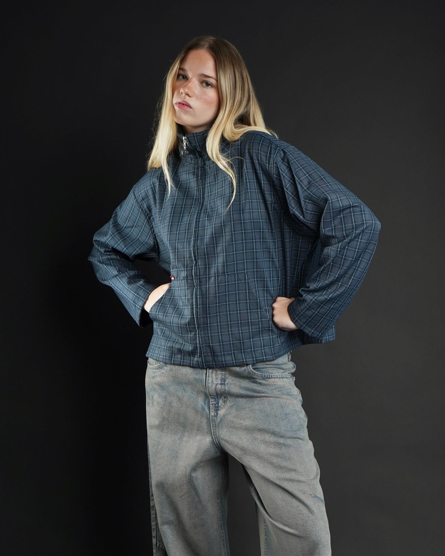 Jacket cropped plaid blue